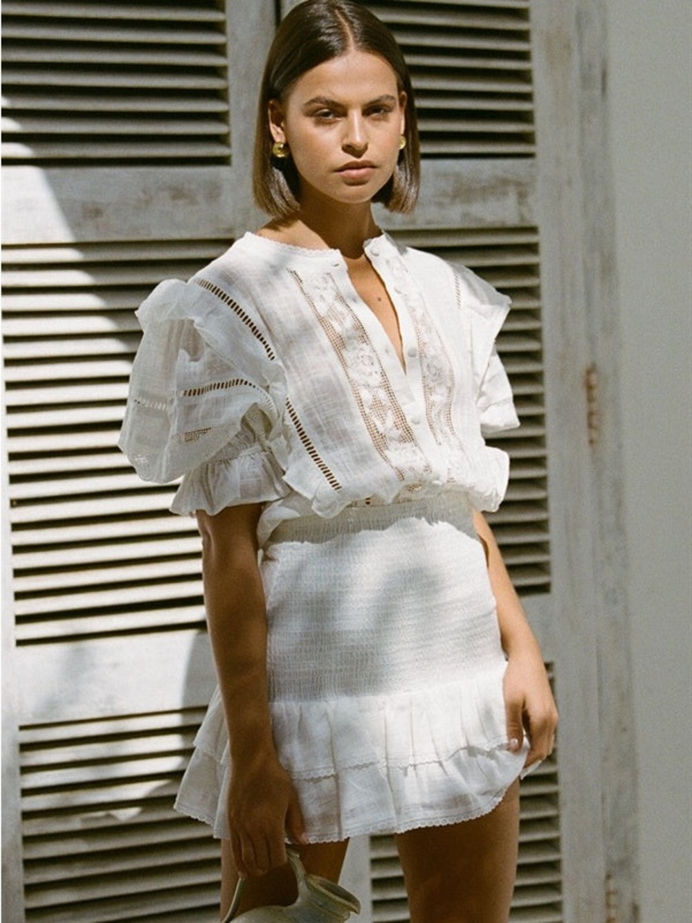 100% Cotton Sabo Skirt White Smocked Ruffled Mini Dress